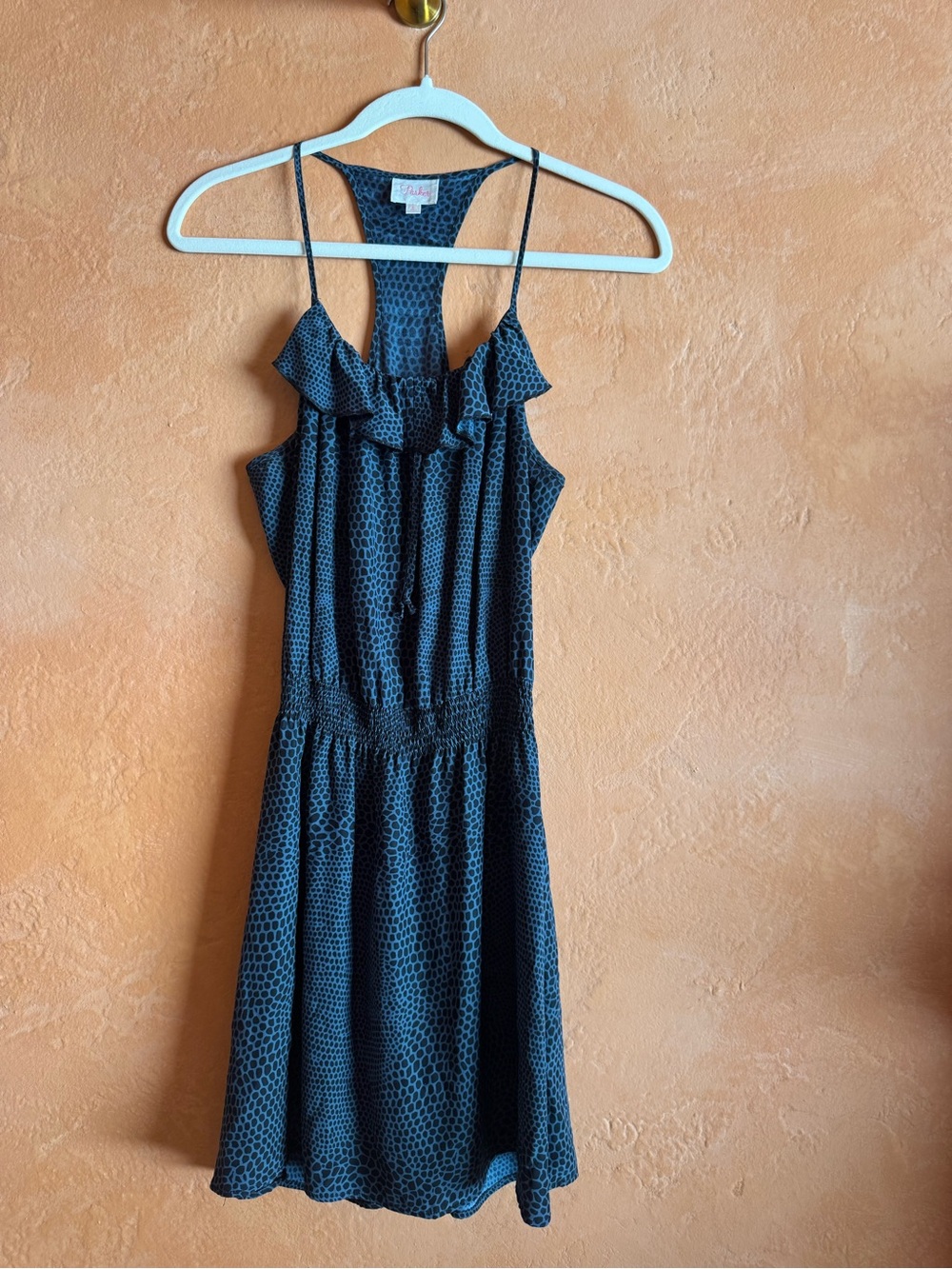 Parker 100% Silk Blue Animal Print Ruffle Racerback Dress Size Small